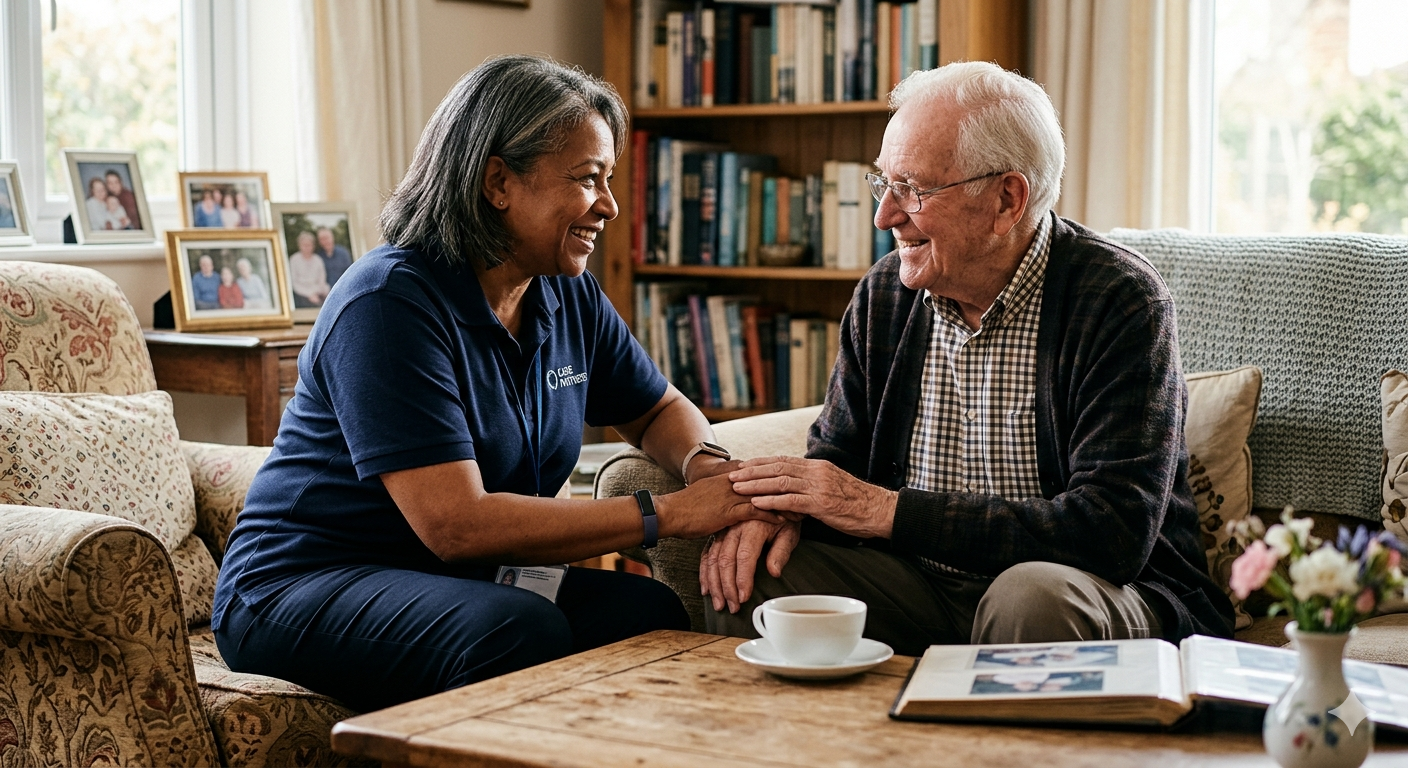 A support worker and a participant in a wheelchair smiling while looking at a tablet together.